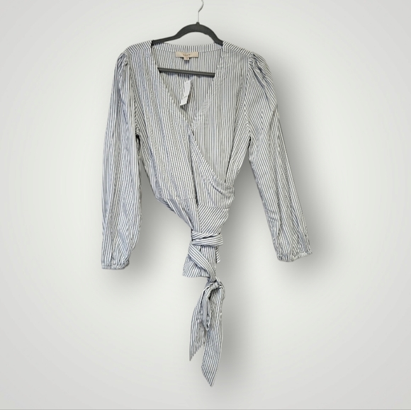Loft Top Womens M Wrap V-neck‎ Long Sleeves Striped Blouse New - Picture 1 of 6